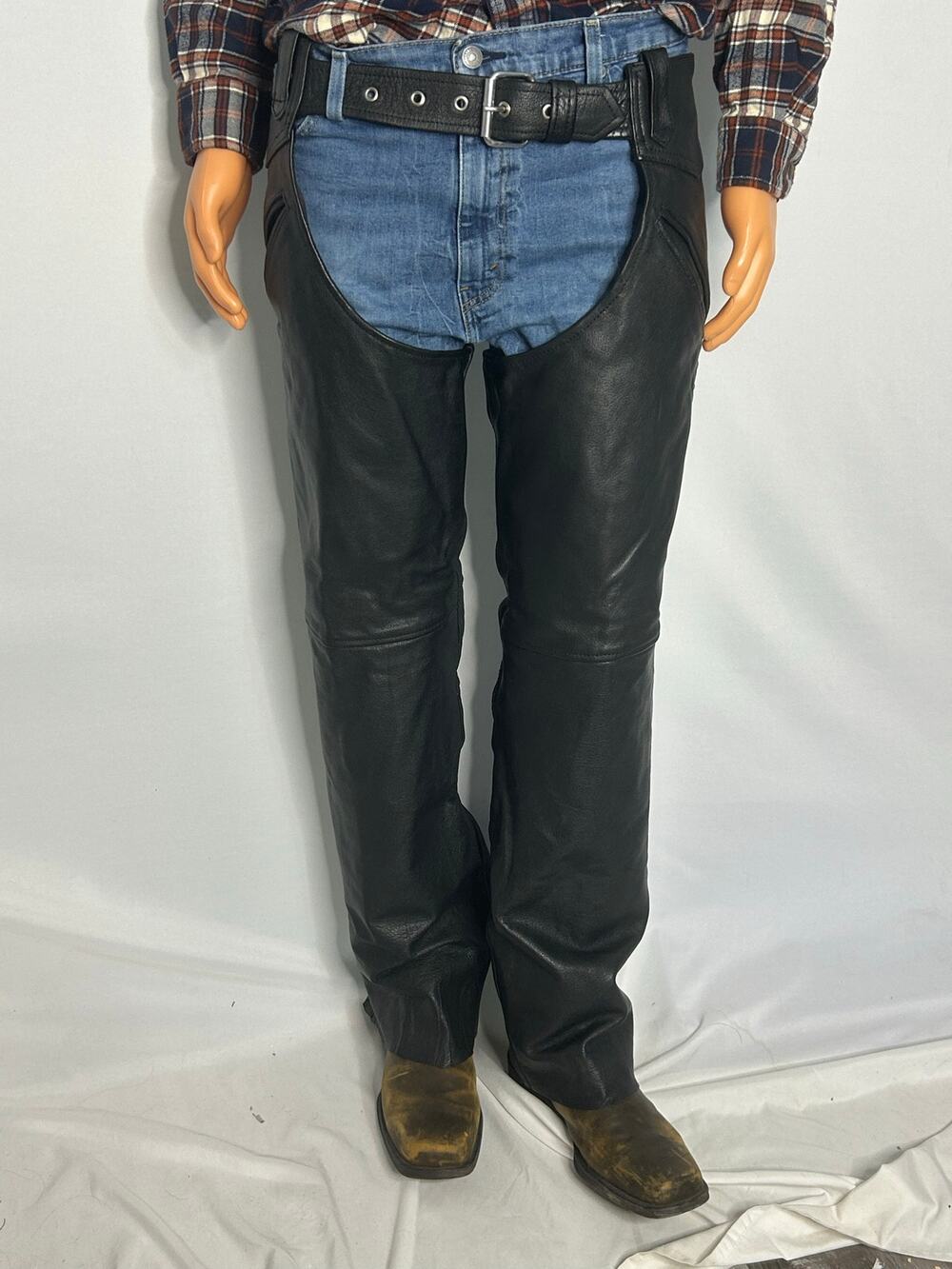 LG Leather Gear Genuine Leather Motorcycle Chaps Black Size L Biker Riding